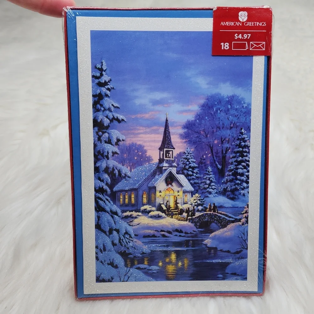 American Greetings Glittery Christmas Holiday Greeting Cards Church with Snow